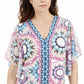 Blusa feminina manga bufante JM Collection azul tamanho pequeno médio