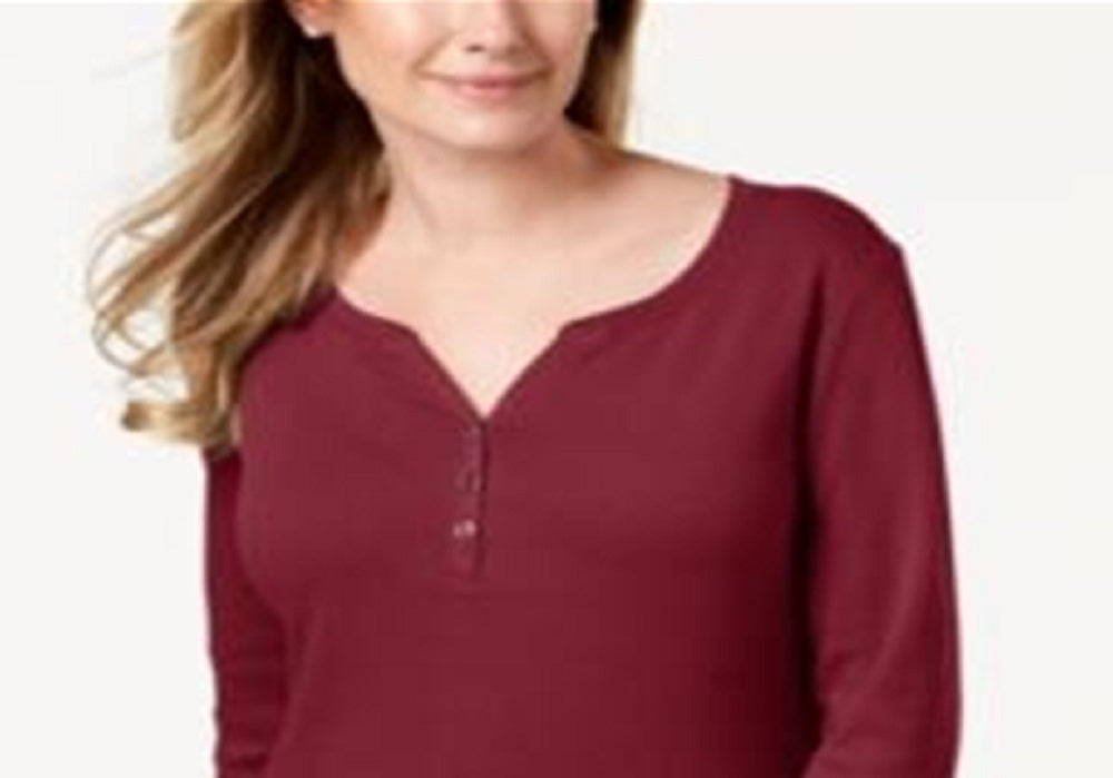 Karen Scott Top Henley de Algodão Feminino Vermelho Tamanho Grande