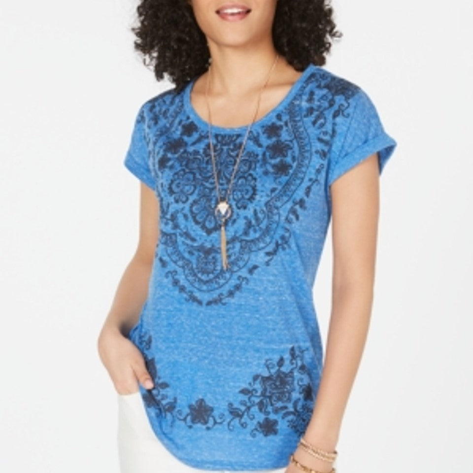 Camiseta feminina estampada de manga curta estilo &amp; co, azul, tamanho pequeno médio