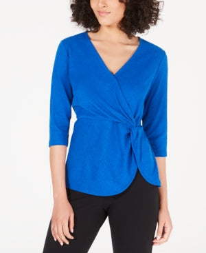 Top Alfani Feminino Petite Twist-Side Faux-Wrap Azul Tamanho Pequeno Grande