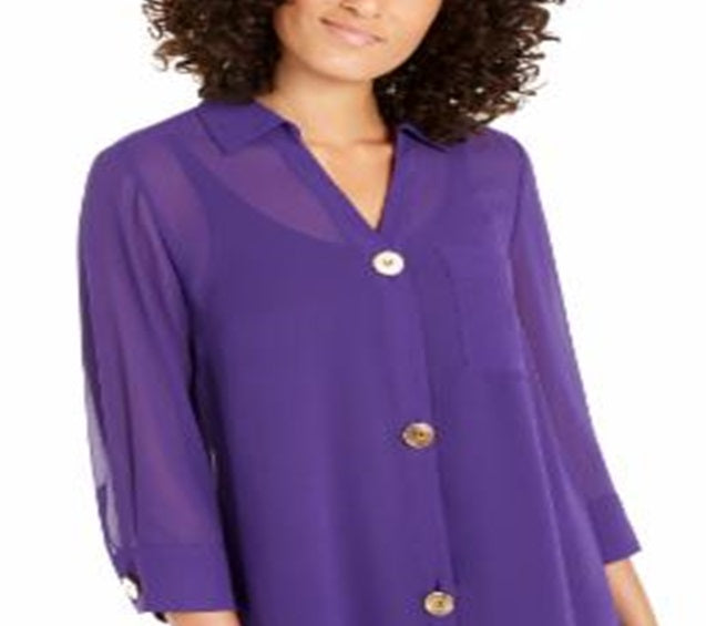 Blusa feminina Alfani semi transparente com manga 3/4, roxa, tamanho pequeno