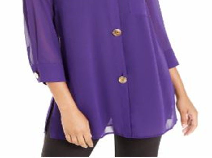 Blusa feminina Alfani semi transparente com manga 3/4, roxa, tamanho pequeno