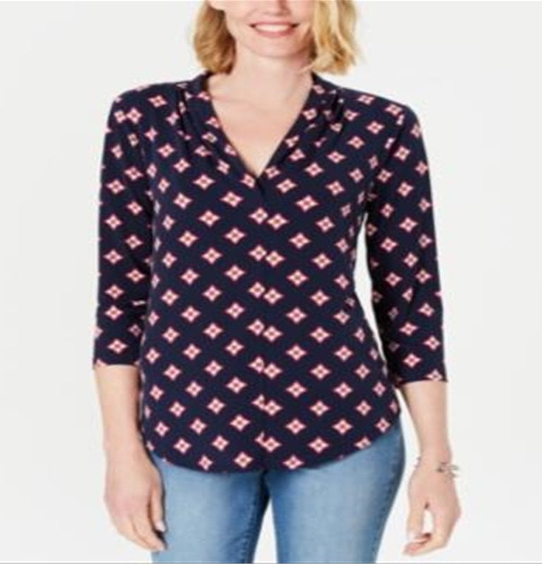 Charter Club Petite Printed Top de manga 3/4 azul marinho tamanho Petite XL