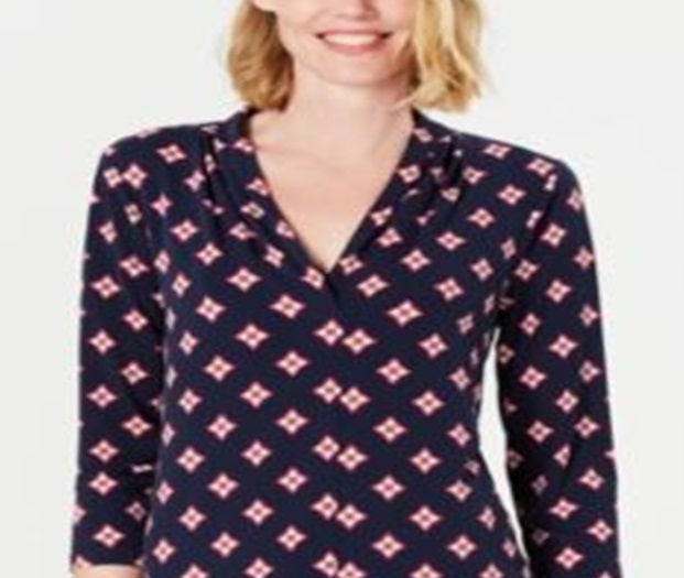 Charter Club Petite Printed Top de manga 3/4 azul marinho tamanho Petite XL