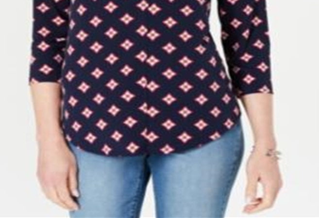 Charter Club Petite Printed Top de manga 3/4 azul marinho tamanho Petite XL