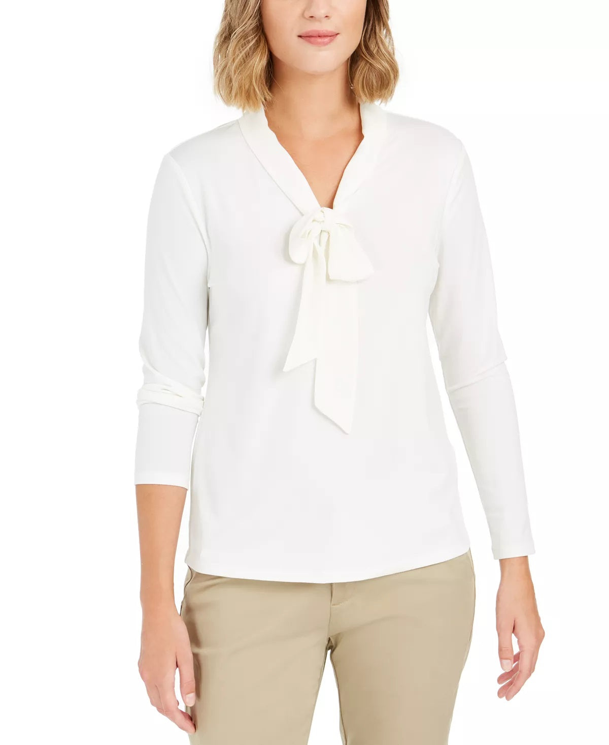 Charter Club Top feminino de crepe com decote redondo e manga curta, tamanho pequeno M, branco
