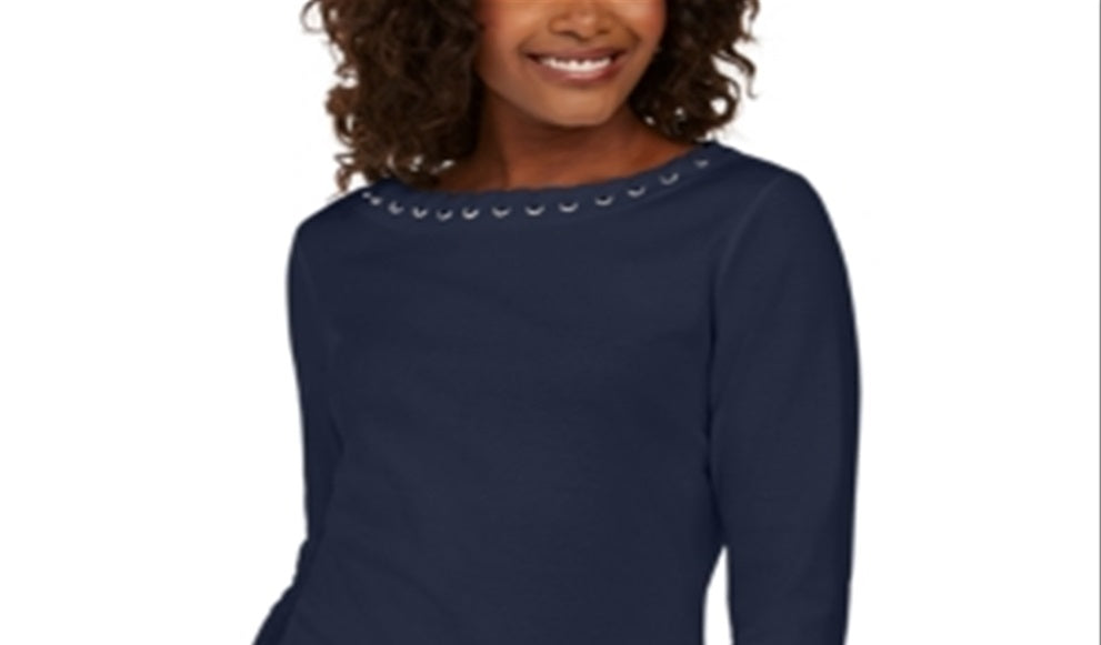 Karen Scott Top de algodão com acabamento em ilhós feminino, azul, tamanho X-G