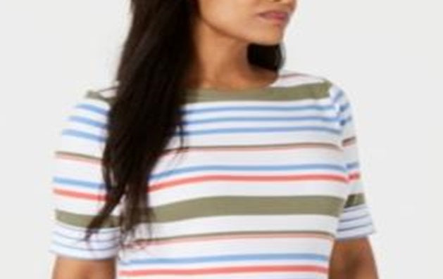 Camiseta feminina listrada Lulu Karen Scott, branca, tamanho pequeno médio