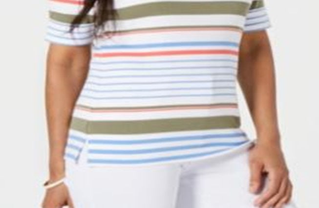 Camiseta feminina listrada Lulu Karen Scott, branca, tamanho pequeno médio
