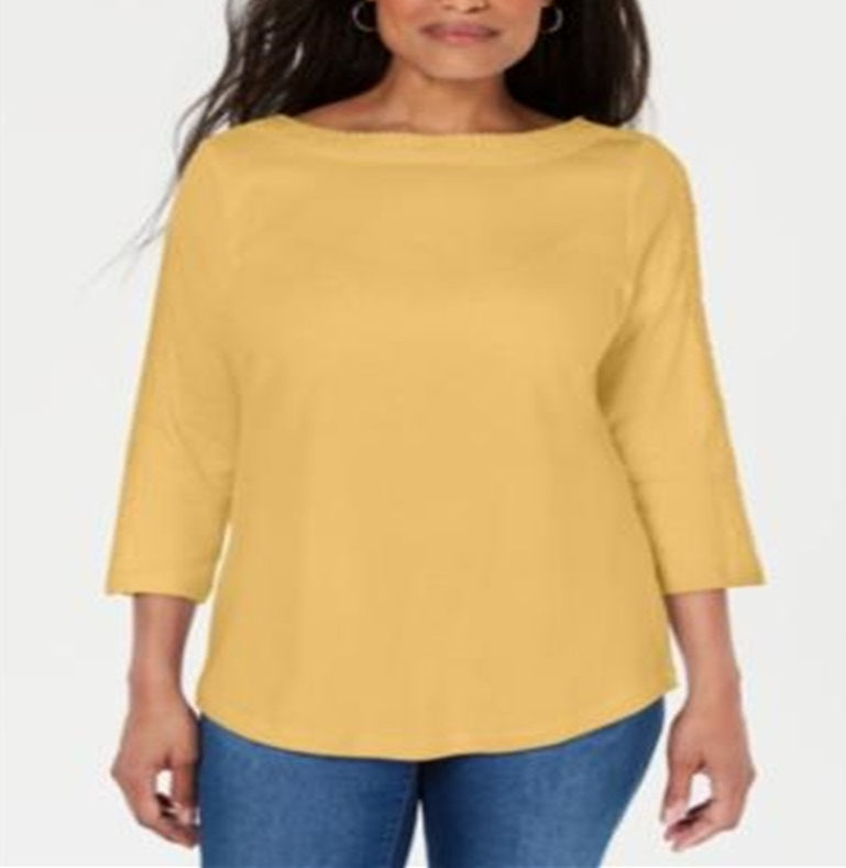 Blusa feminina Karen Scott com acabamento em renda e algodão, tamanho pequeno, amarela