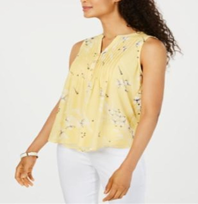 Blusa franzida com estampa floral feminina Charter Club, amarela, tamanho pequeno G