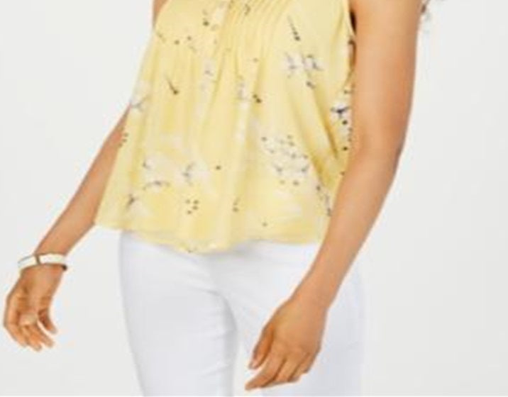 Blusa franzida com estampa floral feminina Charter Club, amarela, tamanho pequeno G