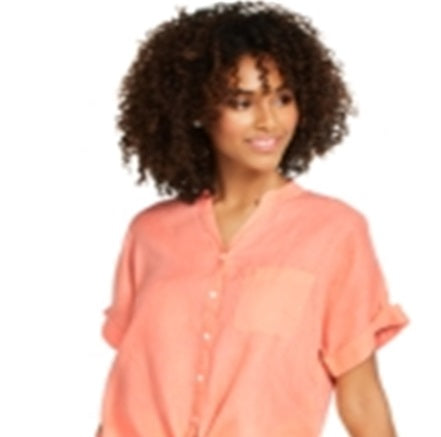 Camisa feminina Charter Club de linho com botões e amarração frontal, vermelha, tamanho grande
