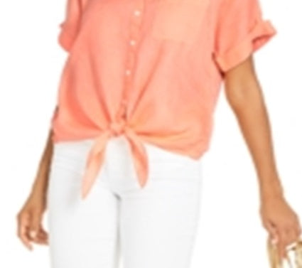 Camisa feminina Charter Club de linho com botões e amarração frontal, vermelha, tamanho grande