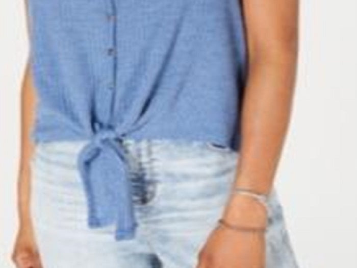 Hippie Rose Nova Regata Feminina com Botões e Laço na Frente Azul Tamanho P