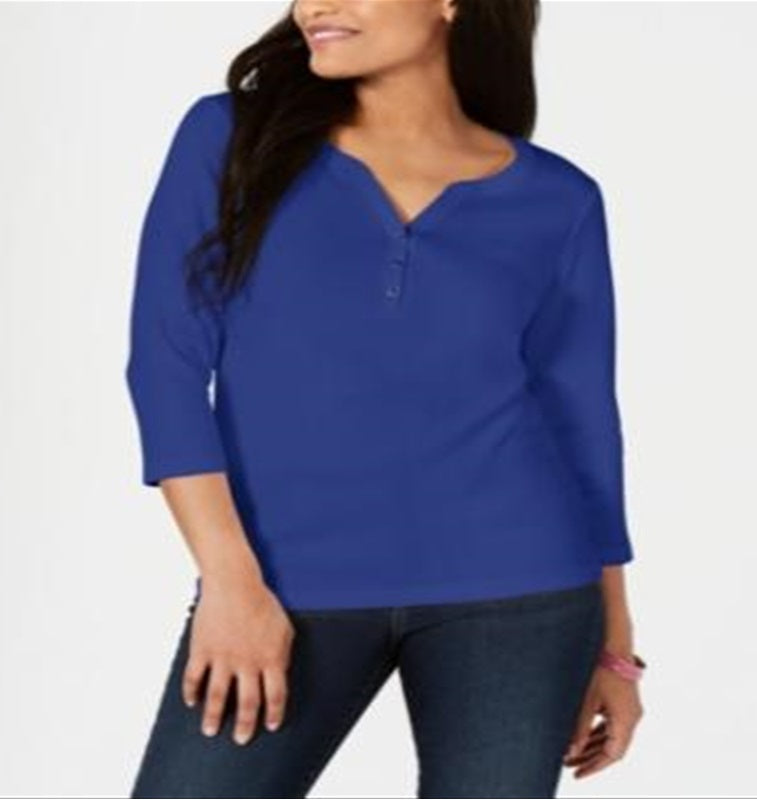 Karen Scott Top Henley de Algodão Feminino Azul Tamanho X-S