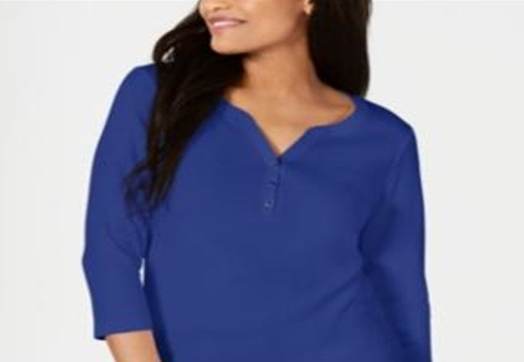 Karen Scott Top Henley de Algodão Feminino Azul Tamanho X-S