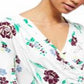 Blusa feminina floral de manga comprida com decote em V, branca, tamanho médio