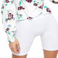 Blusa feminina floral de manga comprida com decote em V, branca, tamanho médio