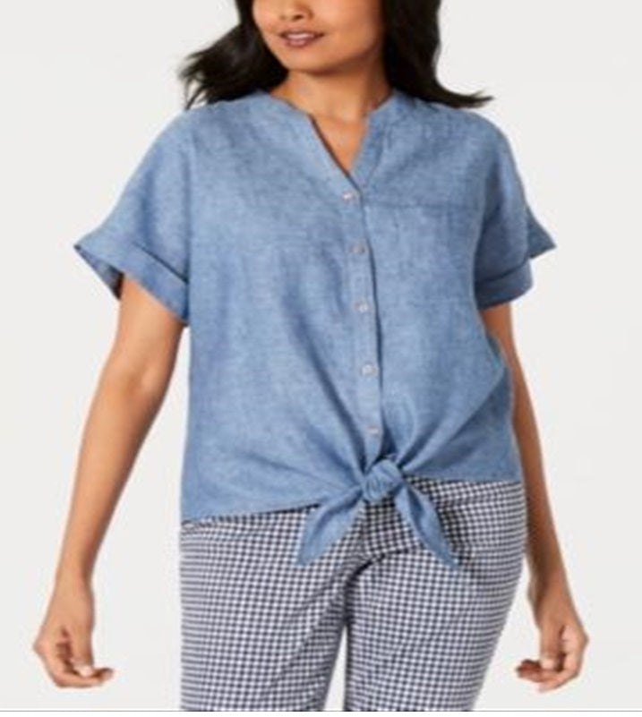 Camisa feminina Charter Club de linho com amarração frontal, azul, tamanho extragrande