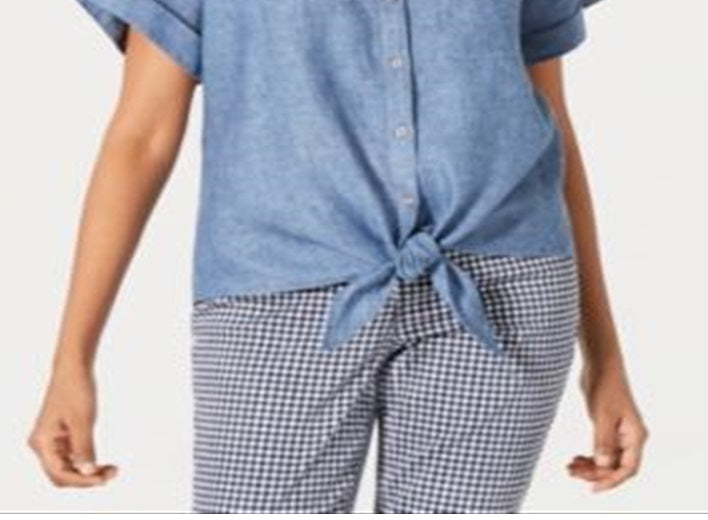 Camisa feminina Charter Club de linho com amarração frontal, azul, tamanho extragrande