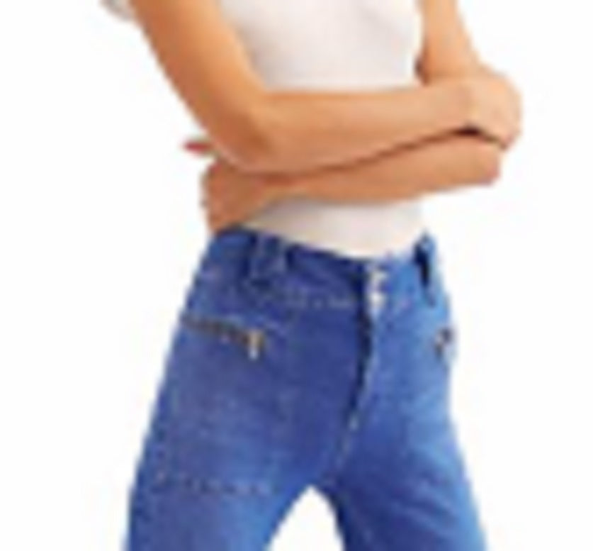 Calça jeans feminina com zíper e bolsos Free People, azul, tamanho 30