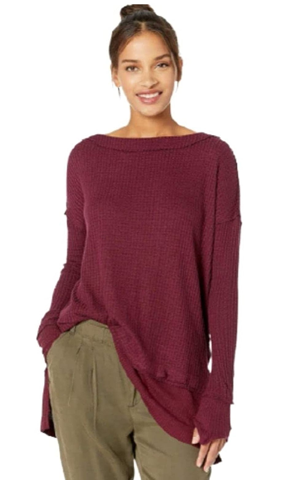 Blusa feminina de manga comprida com decote em joia, roxa, tamanho médio