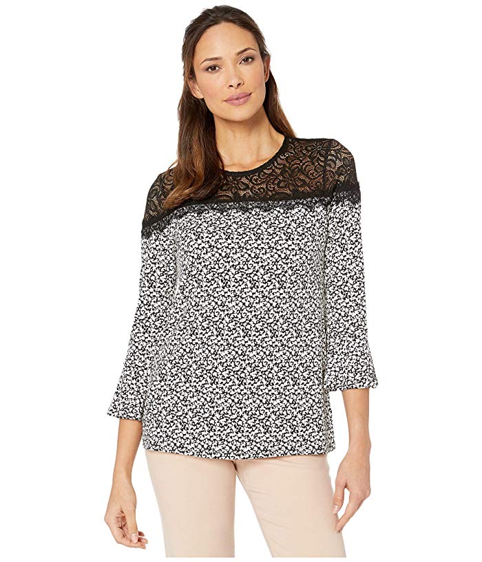 Top feminino Michael Kors Leaf Lace Yoke (preto/osso) tamanho grande