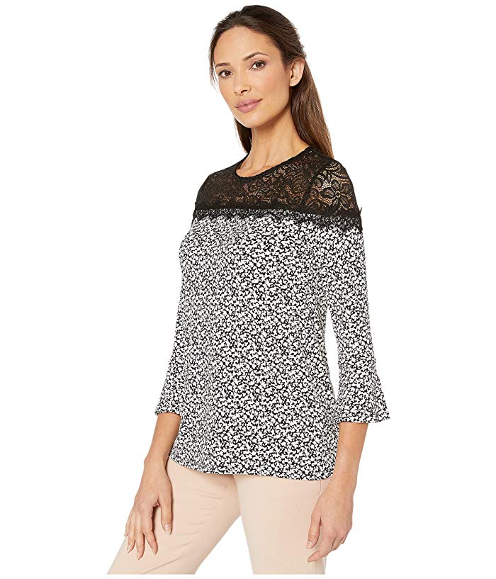 Top feminino Michael Kors Leaf Lace Yoke (preto/osso) tamanho grande