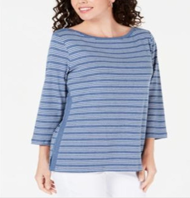 Blusa feminina Karen Scott de algodão listrada com bainha ventilada, azul, tamanho pequeno