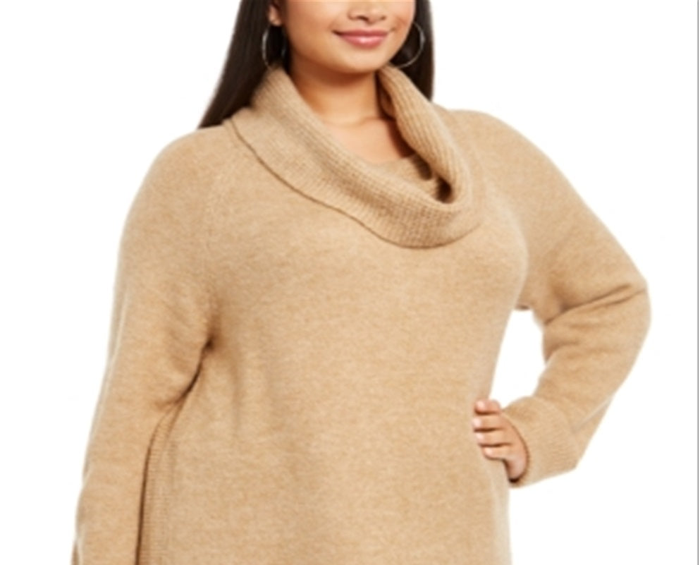 Suéter feminino de malha canelada com gola funil e acabamento canelado estilo &amp; co marrom tamanho 2X