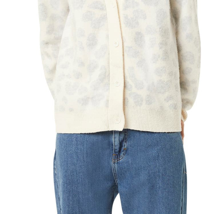 Suéter feminino com estampa animal e manga comprida e decote em V, bege, tamanho médio