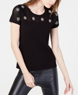 Suéter feminino de manga curta com detalhes pequenos da Inc - Preto profundo, tamanho pequeno XL