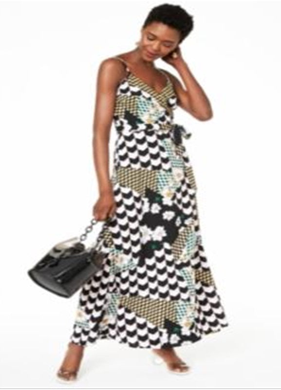 Vestido longo cruzado BAR III feminino com alças finas, preto, tamanho XL