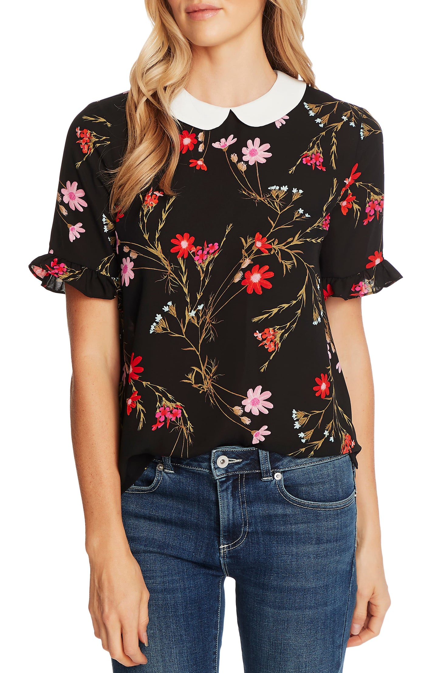 Blusa feminina CeCe com estampa floral e gola Peter-Pan, preta, tamanho GG