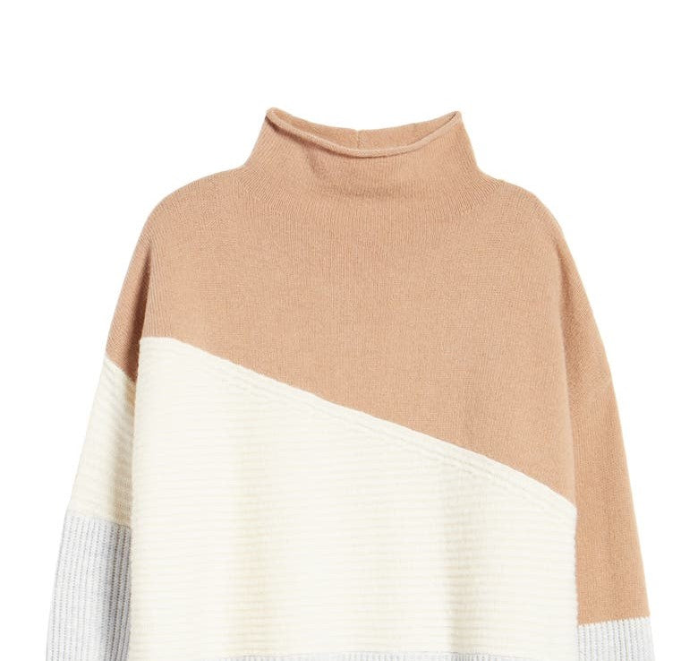 Suéter feminino com patchwork e gola funil, marrom, tamanho médio, da French Connection