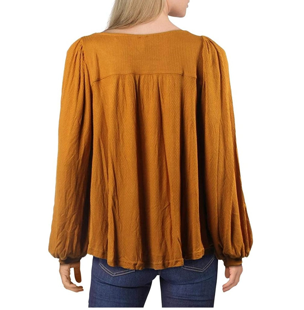 Blusa de malha canelada Devin feminina da Free People com mangas Henley, laranja, tamanho X-S