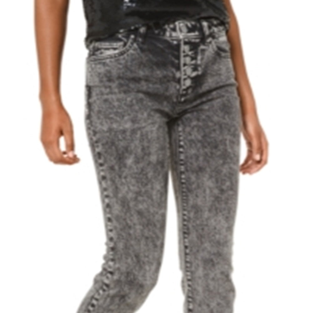 Calça jeans skinny Michael Kors feminina de cintura alta com lavagem ácida, preta, tamanho 14