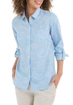 Camisa feminina Charter Club Artful Paisleys estampada em mistura de linho azul tamanho pequeno