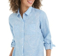 Camisa feminina Charter Club Artful Paisleys estampada em mistura de linho azul tamanho pequeno