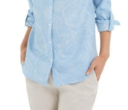 Camisa feminina Charter Club Artful Paisleys estampada em mistura de linho azul tamanho pequeno