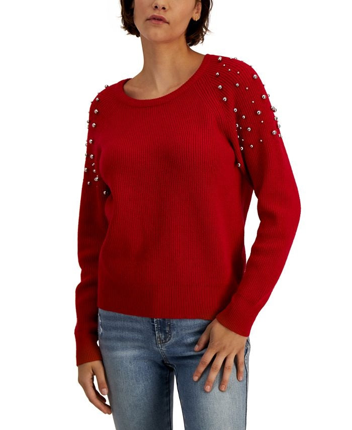 INC International Concepts Suéter Feminino com Renda e Anel Enfeitado e Falso, Vinho, Tamanho X-Grande