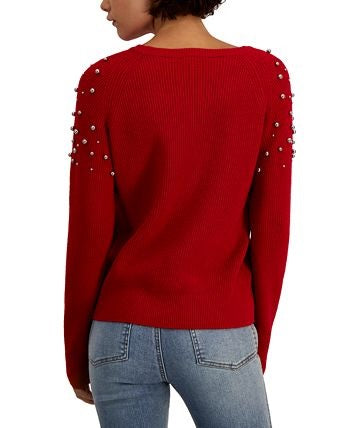 INC International Concepts Suéter Feminino com Renda e Anel Enfeitado e Falso, Vinho, Tamanho X-Grande