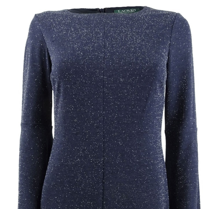 Vestido feminino Ralph Lauren Metallic Ponte Azul Tamanho 8 Petite