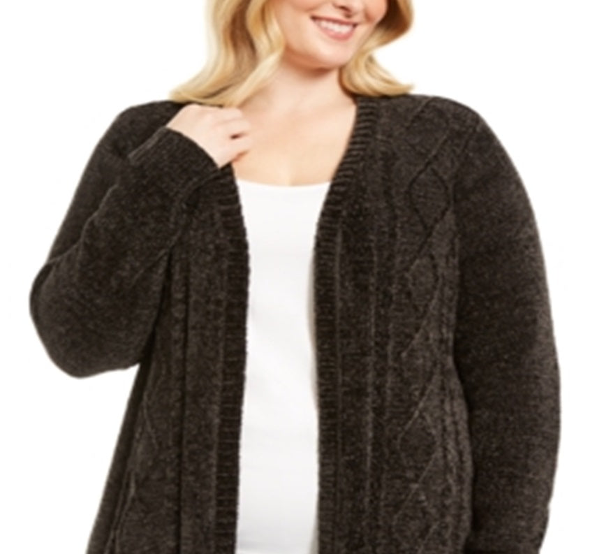 Karen Scott Cardigan Feminino Plus Size Aberto Frente Chenille Preto Tamanho 2X