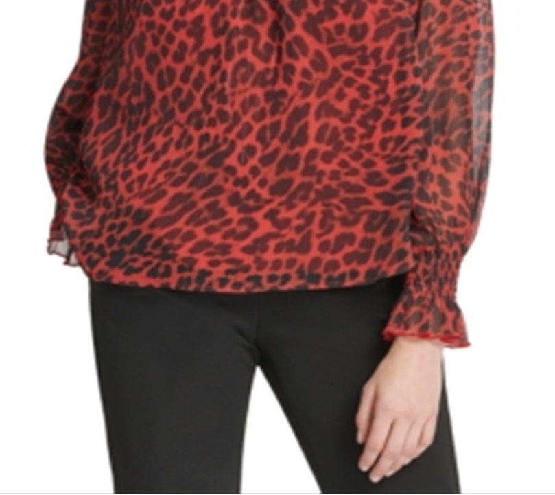 Blusa feminina DKNY com zíper e estampa animal, manga comprida, gola redonda, vermelha, tamanho extragrande
