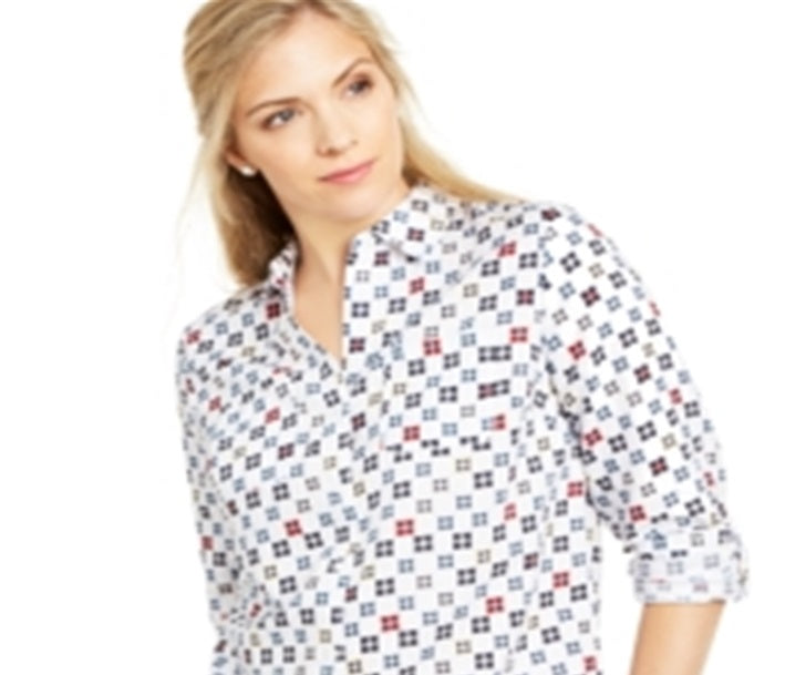 Blusa feminina Charter Club estampada com mangas dobradas e mistura de linho, branca, tamanho grande