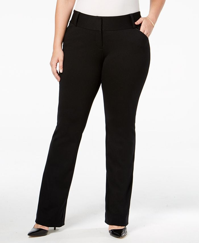 Calça feminina Alfani Tummy-Control com acabamento em couro sintético, preta, tamanho 0