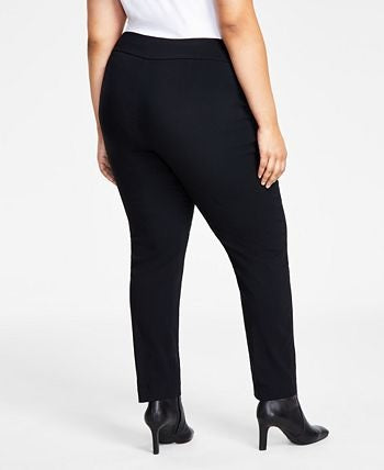 Calça feminina Alfani Tummy-Control com acabamento em couro sintético, preta, tamanho 0