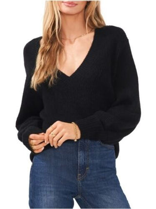 1.STATE Women's Bubble Sleeve Long Sleeve V Neck Sweater Black Size XXS